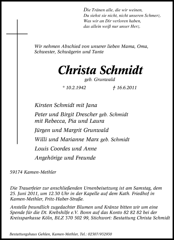  Traueranzeige für Christa Schmidt vom 22.06.2011 aus Tageszeitung