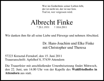Traueranzeige von Albrecht Finke von Tageszeitung