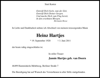 Traueranzeige von Heinz Hartjes von Tageszeitung