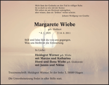 Traueranzeige von Margarete Wiebe von Tageszeitung