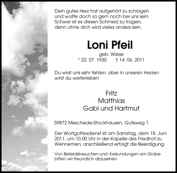 Traueranzeige von Loni Pfeil von Tageszeitung