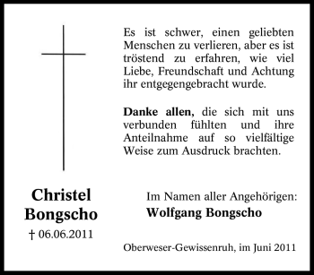 Traueranzeige von Christel Bongscho von Tageszeitung