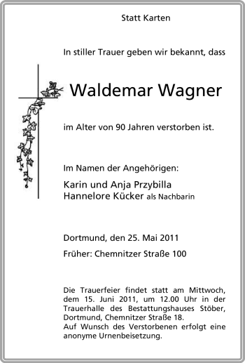Traueranzeige von Waldemar Wagner von Tageszeitung