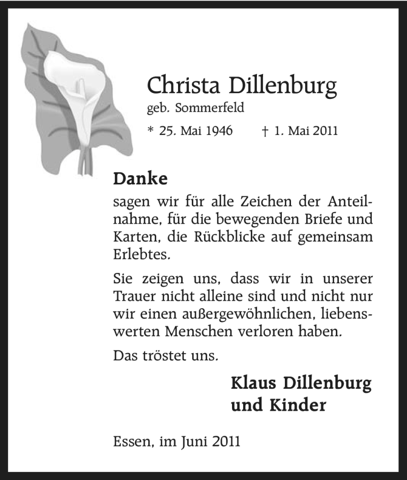  Traueranzeige für Christa Dillenburg vom 09.06.2011 aus Tageszeitung