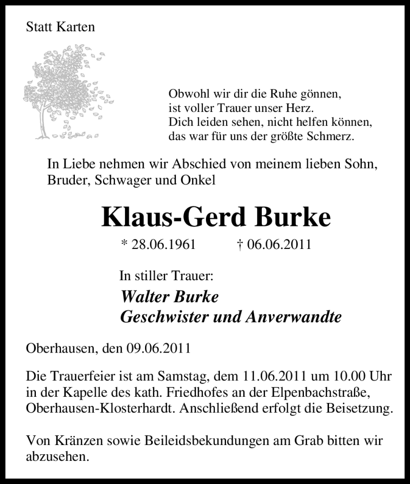  Traueranzeige für Klaus-Gerd Burke vom 09.06.2011 aus Tageszeitung