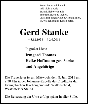 Traueranzeige von Gerd Stanke von Tageszeitung