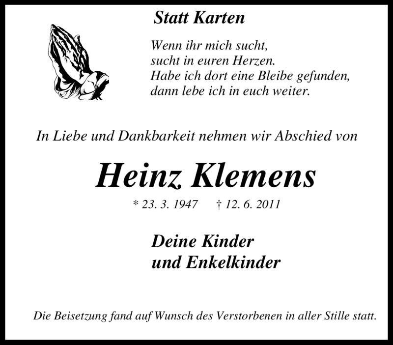  Traueranzeige für Heinz Klemens vom 18.06.2011 aus Tageszeitung