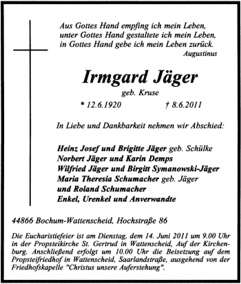 Traueranzeige von Irmgard Jäger von Tageszeitung