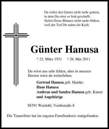 Traueranzeige von Günter Hanusa von Tageszeitung