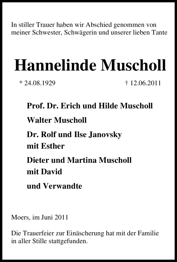  Traueranzeige für Hannelinde Muscholl vom 18.06.2011 aus Tageszeitung