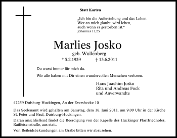 Traueranzeige von Marlies Josko von Tageszeitung