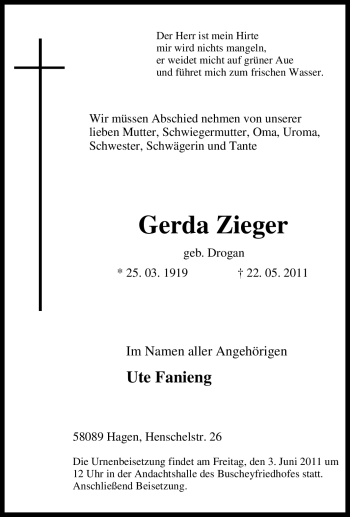 Traueranzeige von Gerda Zieger von Tageszeitung
