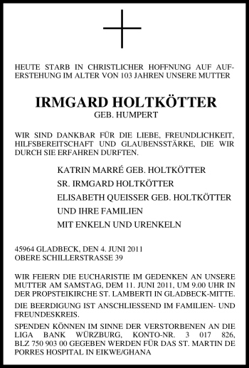 Traueranzeige von Irmgard Holtkötter von Tageszeitung