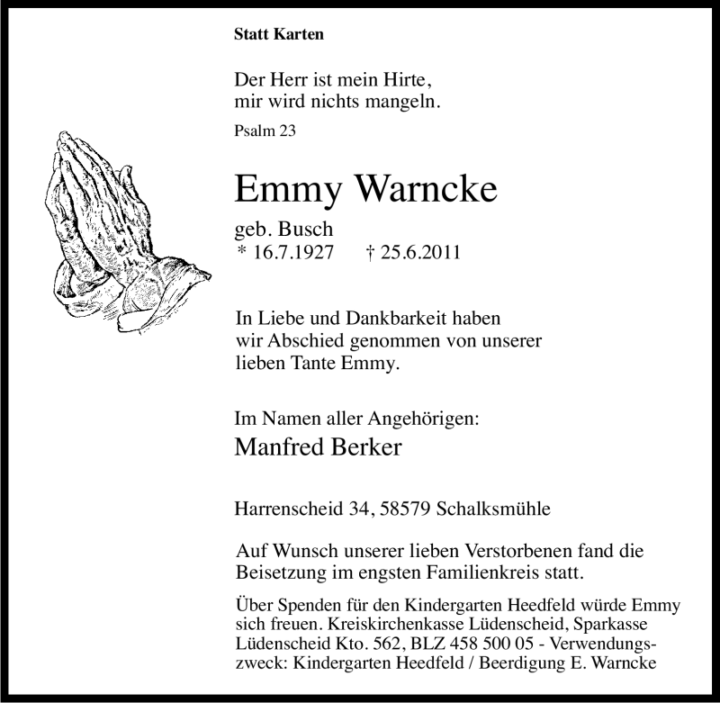  Traueranzeige für Emmy Warncke vom 29.06.2011 aus Tageszeitung