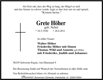 Traueranzeige von Grete Höher von Tageszeitung