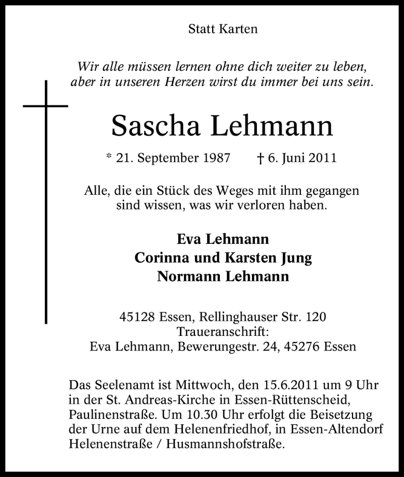  Traueranzeige für Sascha Lehmann vom 11.06.2011 aus Tageszeitung