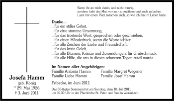 Traueranzeige von Josefa Hamm von Tageszeitung