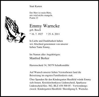 Traueranzeige von Emmy Warncke von Tageszeitung