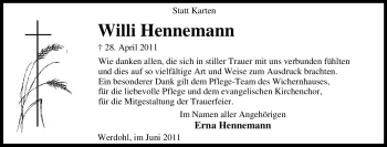 Traueranzeige von Willi Hennemann von Tageszeitung