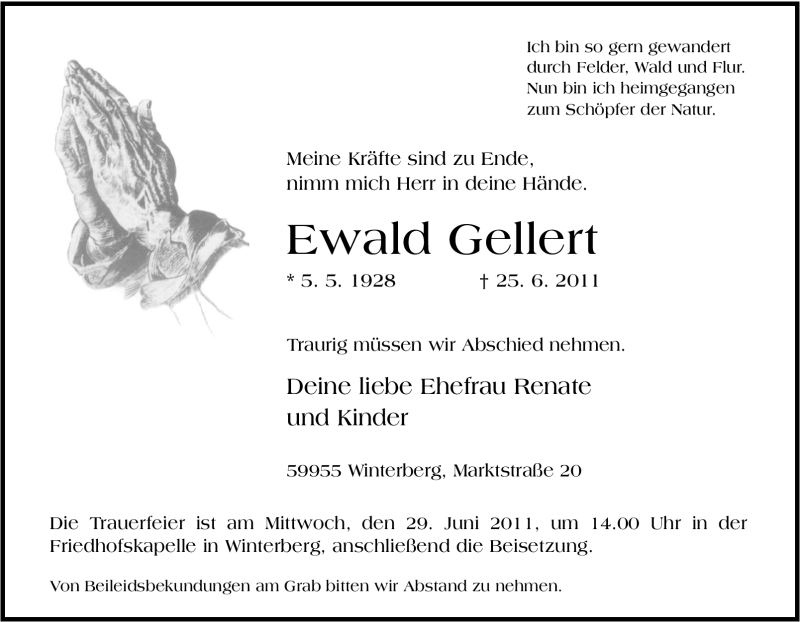  Traueranzeige für Ewald Gellert vom 28.06.2011 aus Tageszeitung