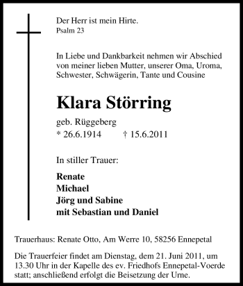Traueranzeige von Klara Störring von Tageszeitung