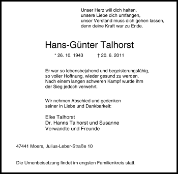 Traueranzeige von Hans-Günter Talhorst von Tageszeitung