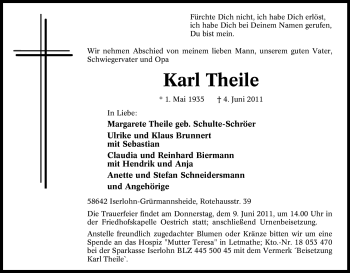 Traueranzeige von Karl Theile von Tageszeitung