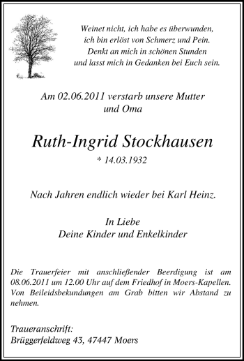 Traueranzeige von Ruth-Ingrid Stockhausen von Tageszeitung