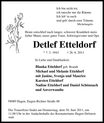 Traueranzeige von Detlef Etteldorf von Tageszeitung