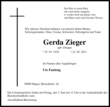 Traueranzeige von Gerda Zieger von Tageszeitung