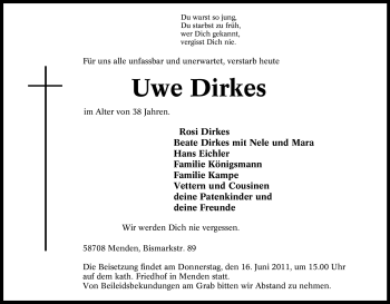 Traueranzeige von Uwe Dirkes von Tageszeitung