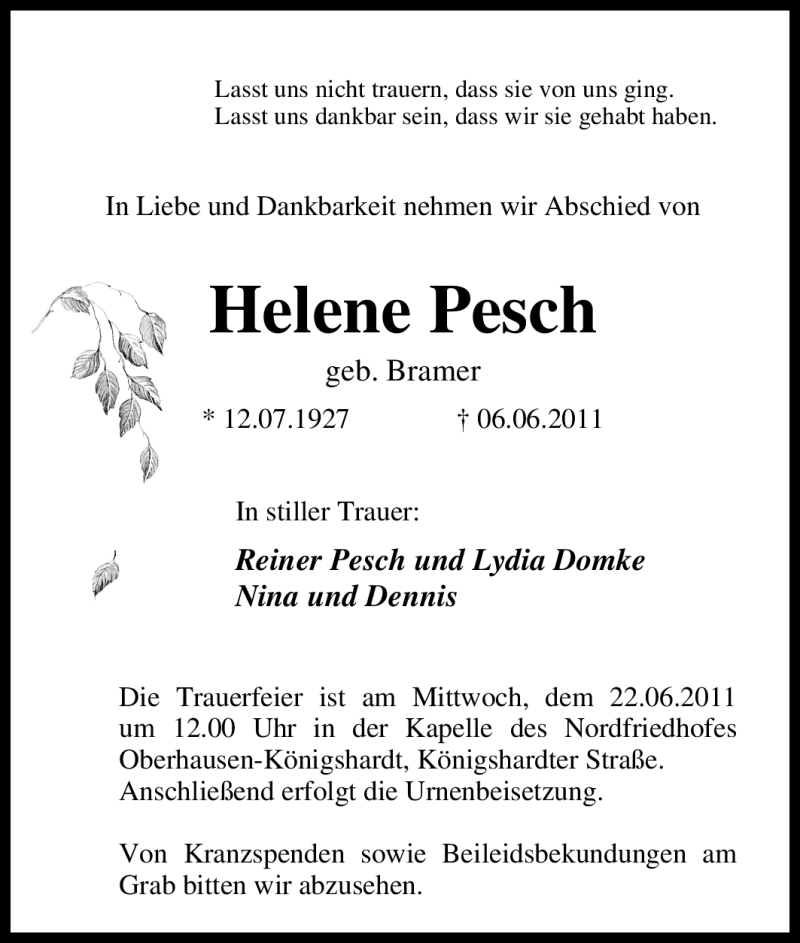  Traueranzeige für Helene Pesch vom 18.06.2011 aus Tageszeitung