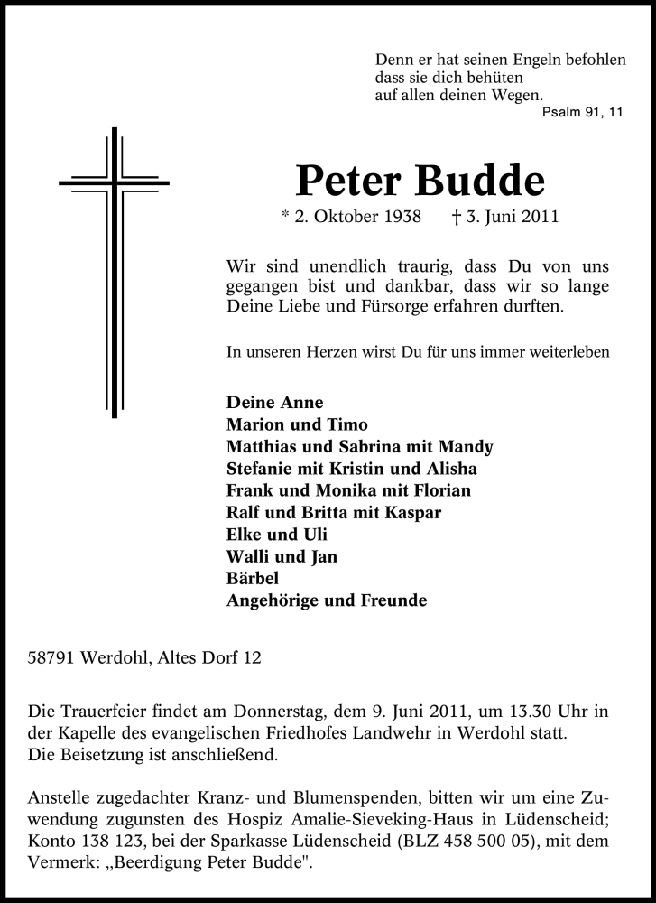  Traueranzeige für Peter Budde vom 06.06.2011 aus Tageszeitung