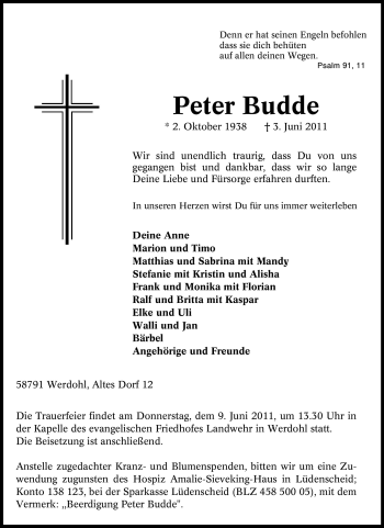 Traueranzeige von Peter Budde von Tageszeitung