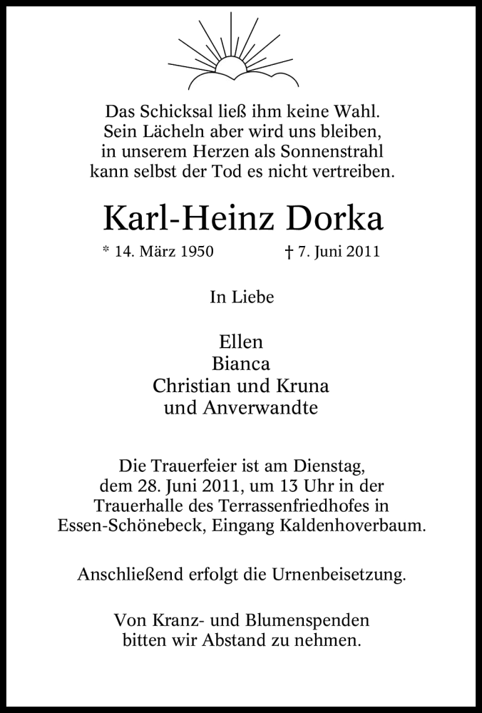  Traueranzeige für Karl-Heinz Dorka vom 22.06.2011 aus Tageszeitung