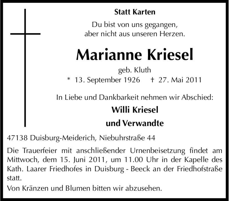  Traueranzeige für Marianne Kriesel vom 10.06.2011 aus Tageszeitung