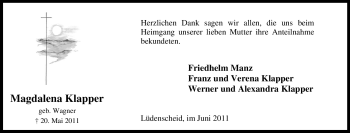 Traueranzeige von Magdalena Klapper von Tageszeitung