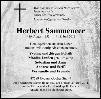 Traueranzeige von Herbert Sammeneer von Tageszeitung