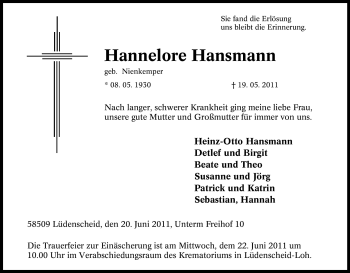 Traueranzeige von Hannelore Hansmann von Tageszeitung