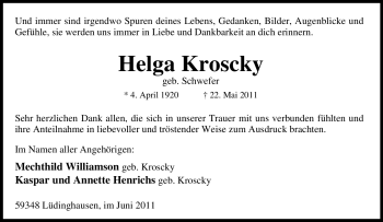 Traueranzeige von Helga Kroscky von Tageszeitung