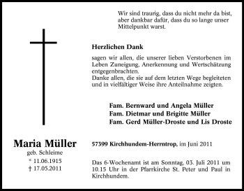 Traueranzeige von Maria Müller von Tageszeitung