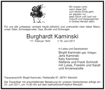Traueranzeige von Burghardt Kaminski von Tageszeitung