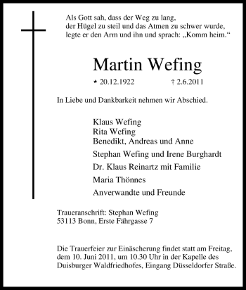 Traueranzeige von Martin Wefing von Tageszeitung