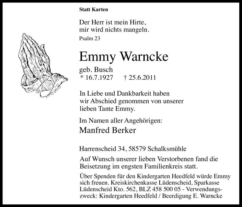  Traueranzeige für Emmy Warncke vom 29.06.2011 aus Tageszeitung