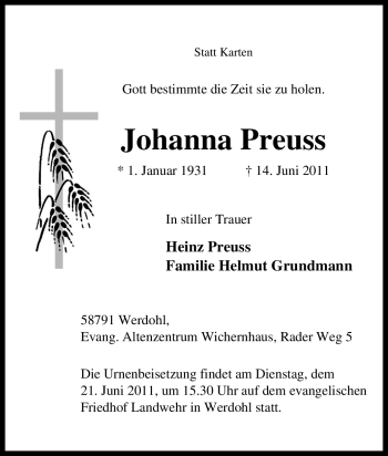 Traueranzeige von Johanna Preuss von Tageszeitung