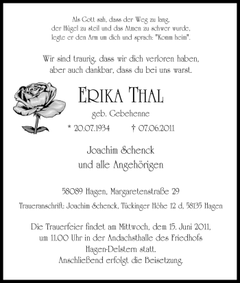 Traueranzeige von Erika Thal von Tageszeitung