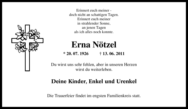  Traueranzeige für Erna Nötzel vom 30.06.2011 aus Tageszeitung