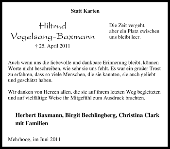 Traueranzeige von Hiltrud Vogelsang-Baxmann von Tageszeitung