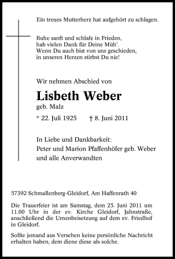 Traueranzeige von Lisbeth Weber von Tageszeitung