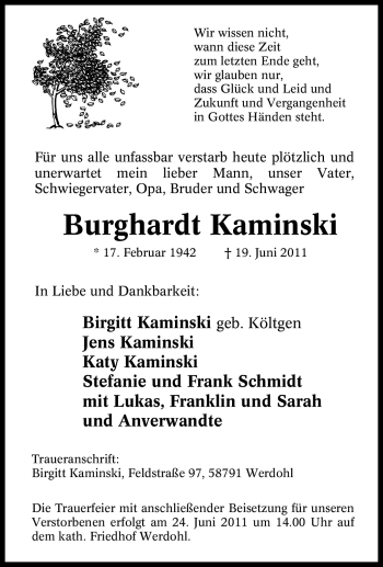 Traueranzeige von Burghardt Kaminski von Tageszeitung